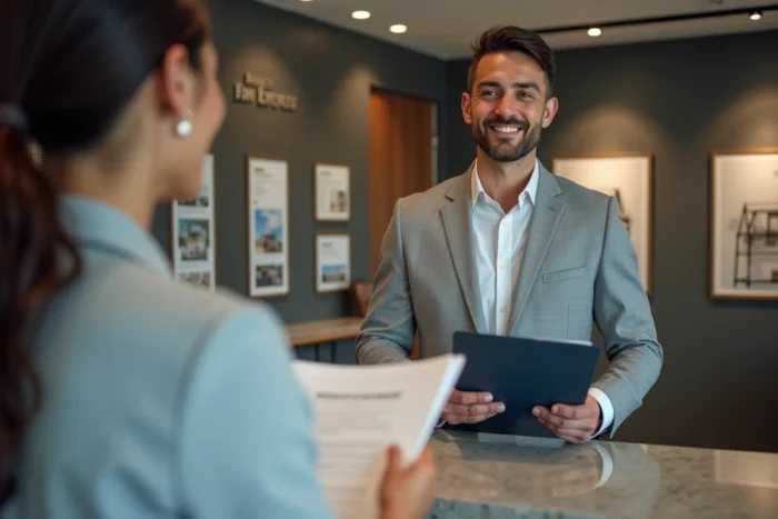 Homme en costume remettant son dossier immobilier complet à un agent en agence de location