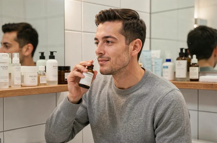 Homme appliquant un sérum naturel dans sa salle de bain, routine soin visage avec marques alternatives à Typology