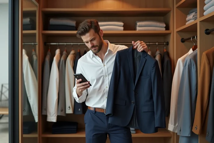 Homme élégant consultant une application de mode sur son smartphone dans un dressing bien organisé pour un shopping en ligne réussi