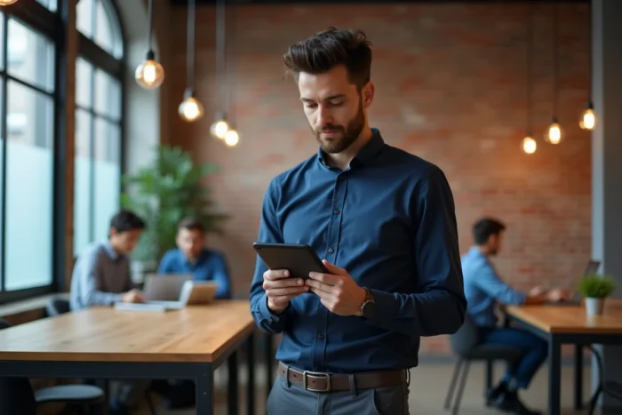 Homme utilisant une tablette pour rechercher des annonces de location immobilière dans un espace de coworking