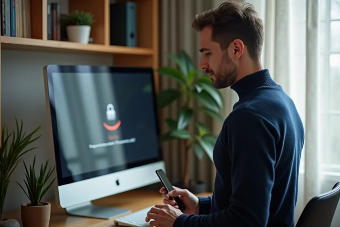 Homme en télétravail consultant son téléphone face à une erreur de connexion sur un portail RH