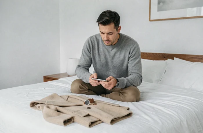 Homme photographiant ses affaires de luxe pour une annonce Vinted dans une chambre minimaliste