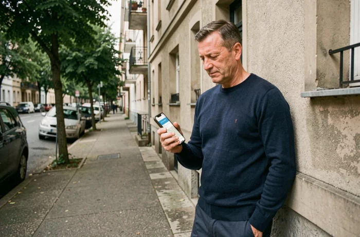 Homme vérifiant une adresse sur smartphone devant un immeuble résidentiel en ville grâce à BIM VUP