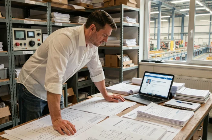 Ingénieur consultant des normes techniques sur tablette et documents papier dans un atelier professionnel
