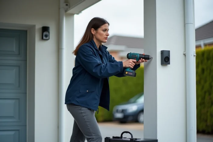 Femme installant une caméra de surveillance extérieure sur la façade d'une maison pour prévenir les cambriolages
