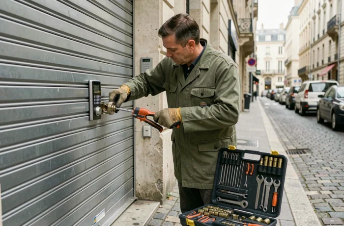 Serrurier intervenant sur une serrure de porte commerciale en milieu urbain