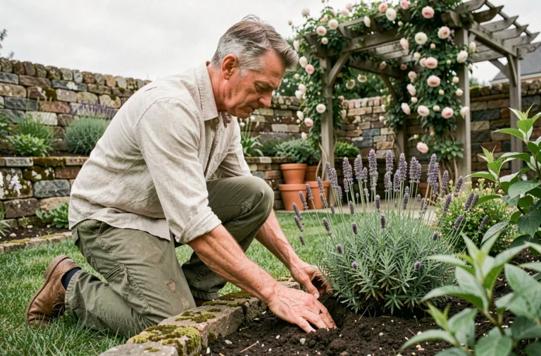 Jardinier décorateur professionnel plantant de la lavande dans un jardin extérieur aménagé avec pergola et muret en pierre