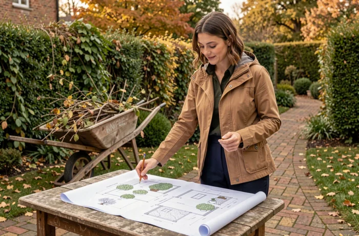 Jardinière décoratrice consultant des plans d'aménagement paysager dans un jardin de cottage en automne