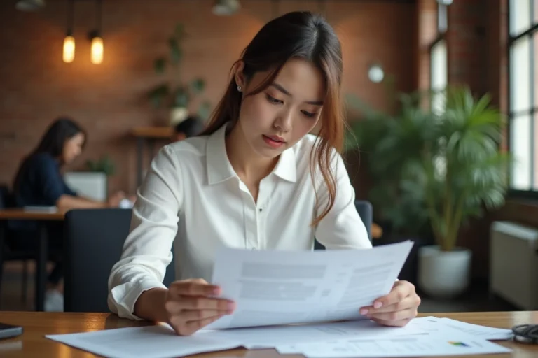 Jeune femme entrepreneure analysant des documents de business plan dans un espace de coworking moderne