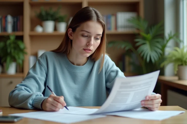 Jeune femme consultant des documents bancaires sur un livret d'épargne logement dans un appartement moderne