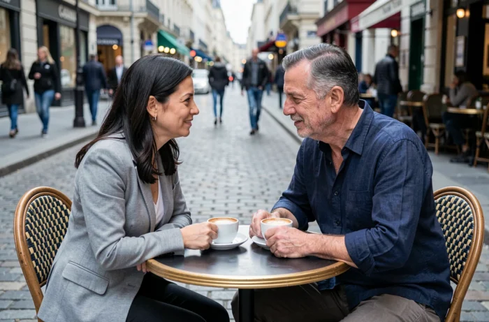 Couple partageant un café en terrasse parisienne, évoquant la vie de couple et les moments intimes partagés