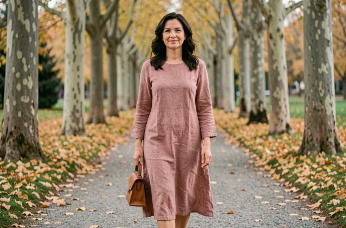 Femme élégante se promenant dans un parc parisien en automne, capturant une atmosphère intime et naturelle