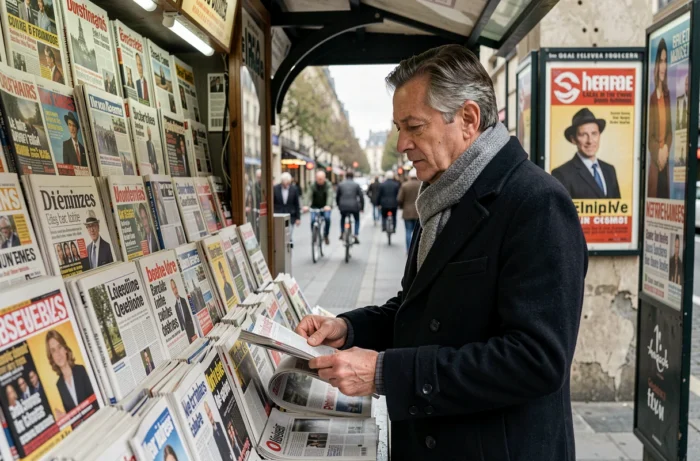 Homme lisant les journaux et magazines français à un kiosque parisien animé
