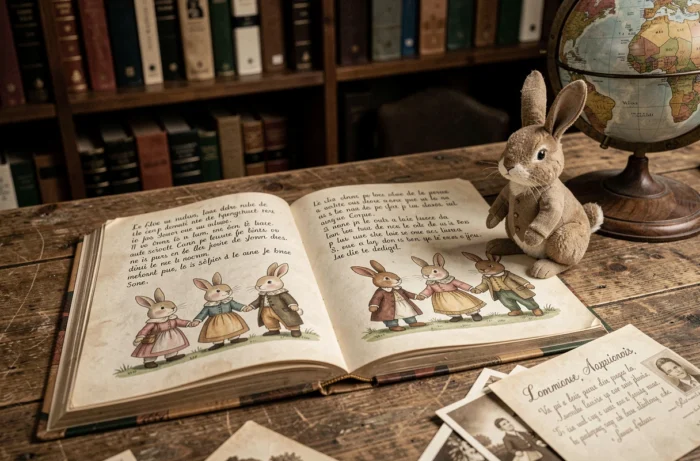 Livre illustré ancien avec les paroles manuscrites de la comptine Haut les mains peau de lapin et une figurine de lapin en tissu sur un bureau d'antiquaire