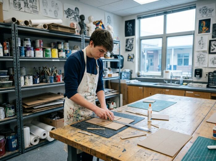 Lycéen travaillant sur une maquette architecturale en atelier d'arts plastiques pour préparer son entrée en école de design