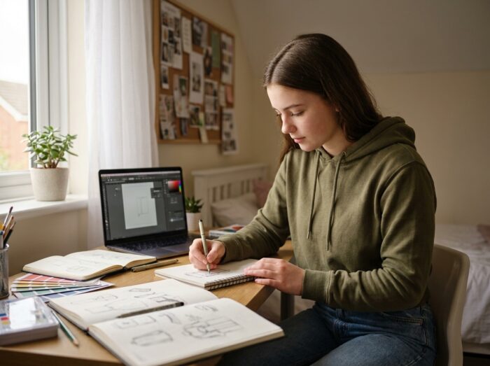 Lycéenne préparant son dossier pour une école de design dans sa chambre, entourée de carnets de croquis et de planches d'inspiration