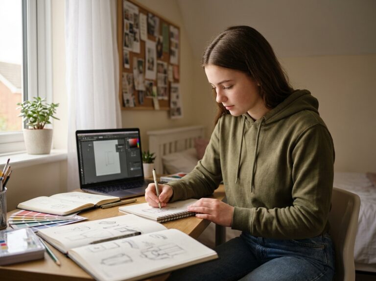Lycéenne préparant son dossier pour une école de design dans sa chambre, entourée de carnets de croquis et de planches d'inspiration