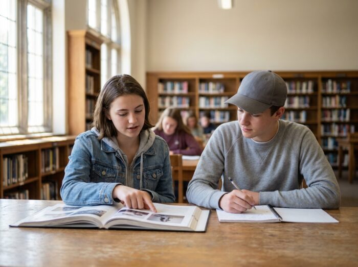 Deux lycéens révisant un portfolio de design ensemble à la bibliothèque pour préparer leur candidature à une école créative