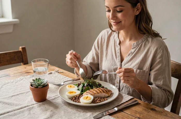 Femme mangeant un repas riche en protéines avec poulet grillé, œufs et légumineuses à une table en bois, pour réguler la faim