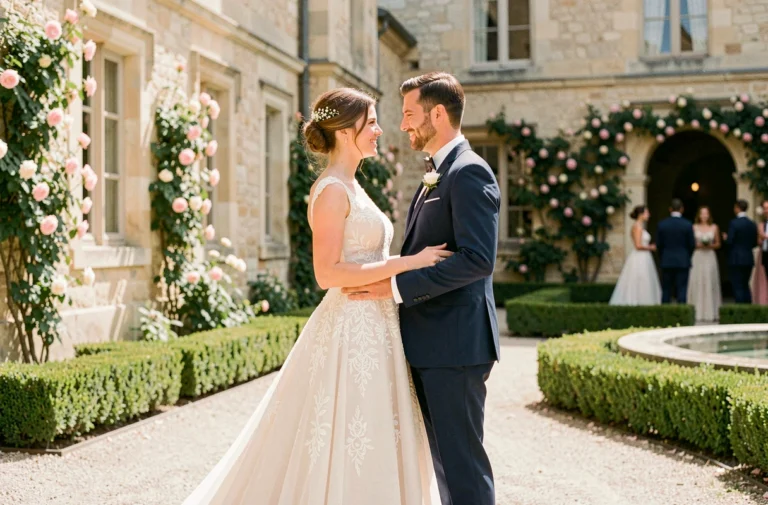 Couple de mariés souriants dans la cour d'un château français, robe en dentelle ivoire et costume bleu marine, décor de roses grimpantes et pierres dorées