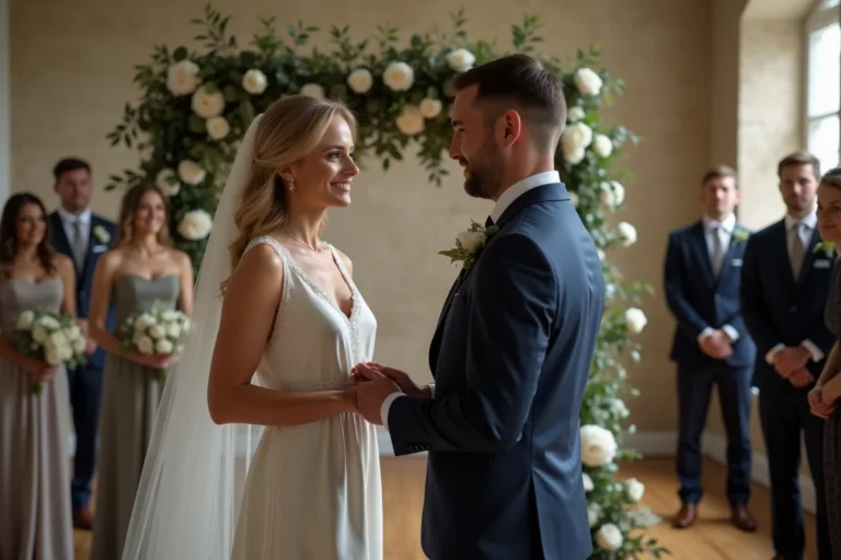 Cérémonie de mariage intime et élégante avec couple en tenue de mariés classiques devant un arc floral en roses blanches