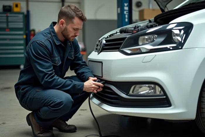 Mécanicien branchant un scanner OBD2 sur une Volkswagen Polo pour diagnostiquer le voyant EPC