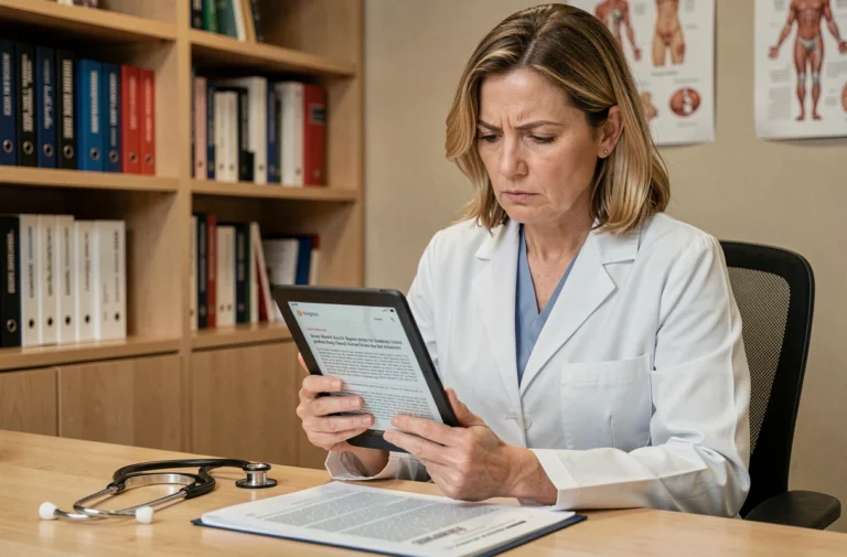 Médecin femme consultant une tablette et une revue médicale pour vérifier des informations de santé