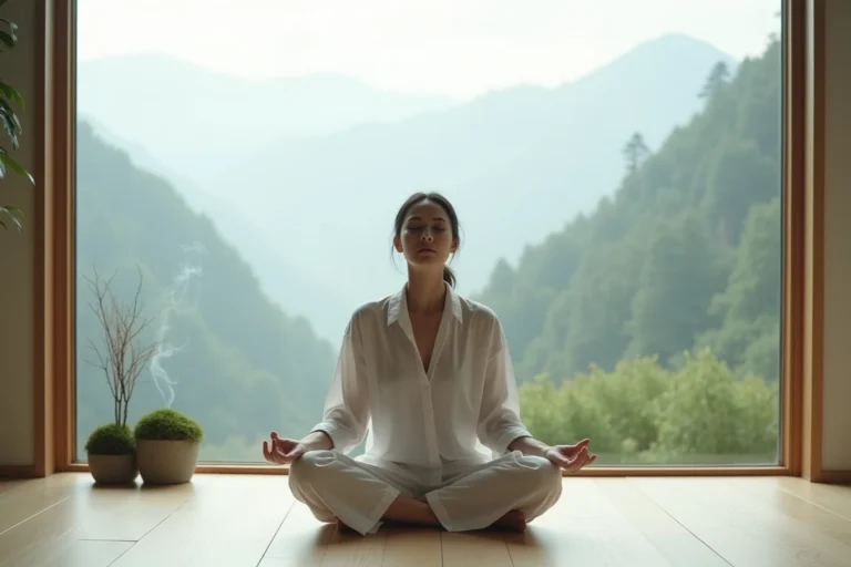 Femme en méditation dans une pièce minimaliste face à des montagnes brumeuses, illustrant l'éveil spirituel et le passage vers la cinquième dimension