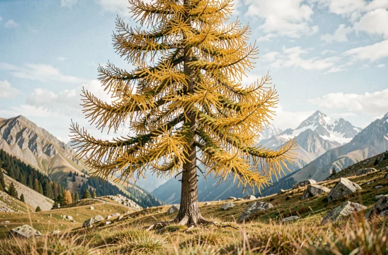 Mélèze d'Europe aux aiguilles dorées en automne dans un paysage alpin montagneux