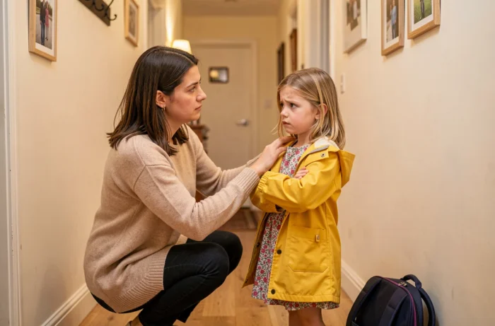 Mère accompagnant sa fille réticente à partir à l'école dans un couloir d'entrée, illustrant l'accompagnement parental face à la phobie scolaire