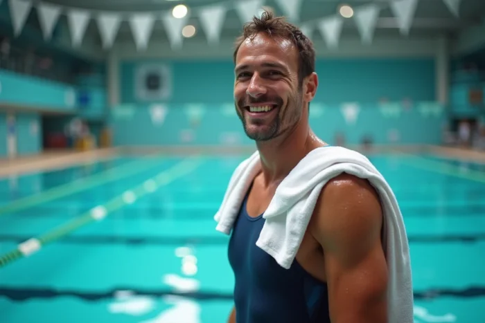 Nageur paralympique français souriant au bord de la piscine olympique, portrait inspirant de sportif de haut niveau