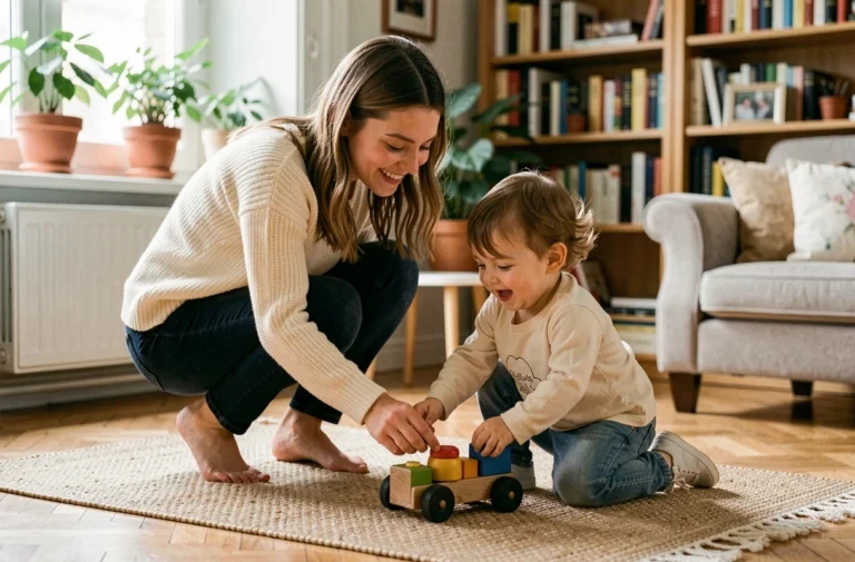 Nounou souriante jouant avec un jeune enfant dans un appartement familial à Besançon