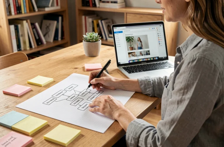 Une femme organise le plan de son blog en dessinant une arborescence de site sur du papier quadrillé, entourée de notes autocollantes et d'un ordinateur portable