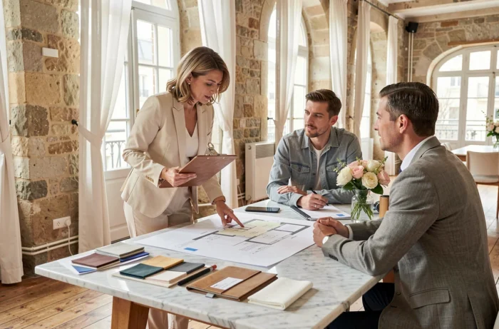 Organisatrice de mariage professionnelle présentant des détails de planification à un couple dans un élégant salon parisien avec échantillons de tissus et moodboards