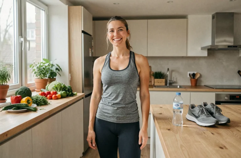 Femme en tenue de sport dans une cuisine moderne entourée de légumes frais et d'une bouteille d'eau, illustrant un mode de vie sain au quotidien