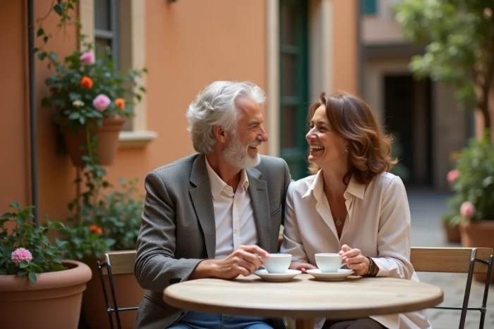 Couple discret partageant un café en terrasse dans un village méditerranéen, évoquant la vie de voyageur de Philippe Gougler