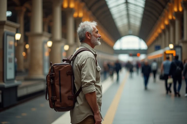 Philippe Gougler, journaliste globe-trotteur, en voyage dans une gare européenne avec son sac en cuir vintage