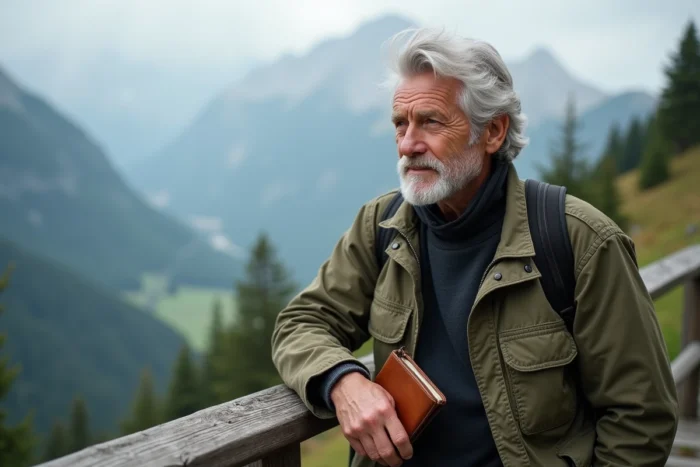 Journaliste voyageur contemplatif sur un belvédère de montagne avec un carnet de notes, dans l'esprit de Philippe Gougler