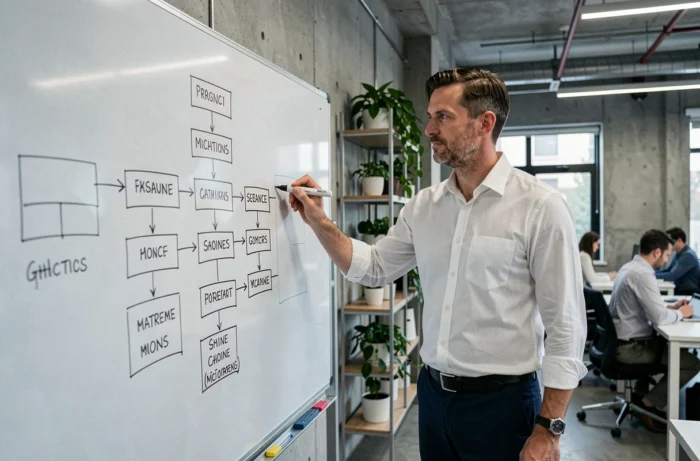 Un homme dessine l'arborescence complète d'un blog sur un tableau blanc dans un espace de coworking moderne, illustrant l'organisation structurée d'un plan de site