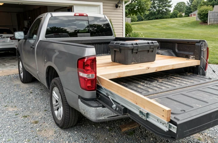 Plateau coulissant en bois installé dans la benne d'un pick-up gris avec mécanisme de glissière visible