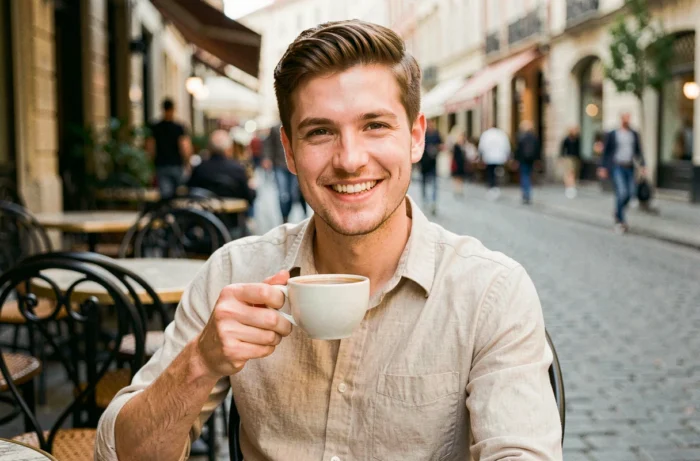 Portrait en extérieur d'un jeune entrepreneur européen souriant attablé à une terrasse de café