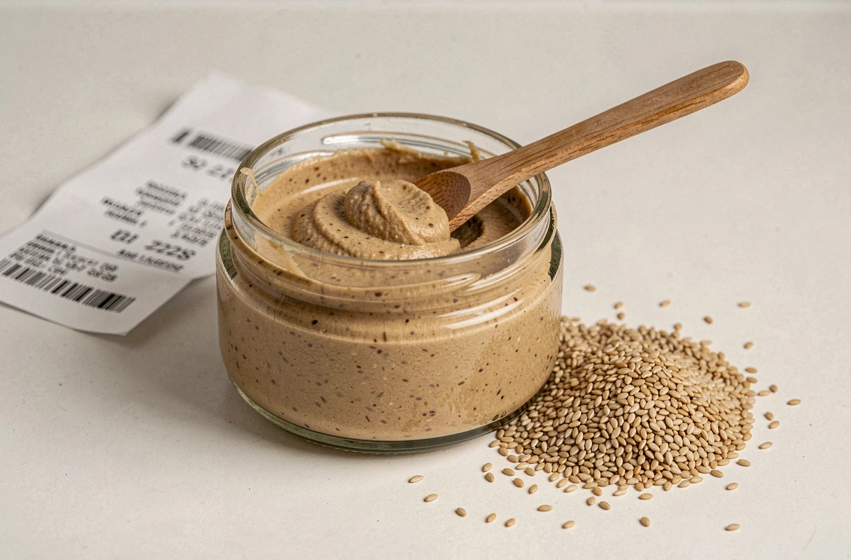 Pot de tahini ouvert avec une cuillère en bois et des graines de sésame posés sur un plan de travail de cuisine