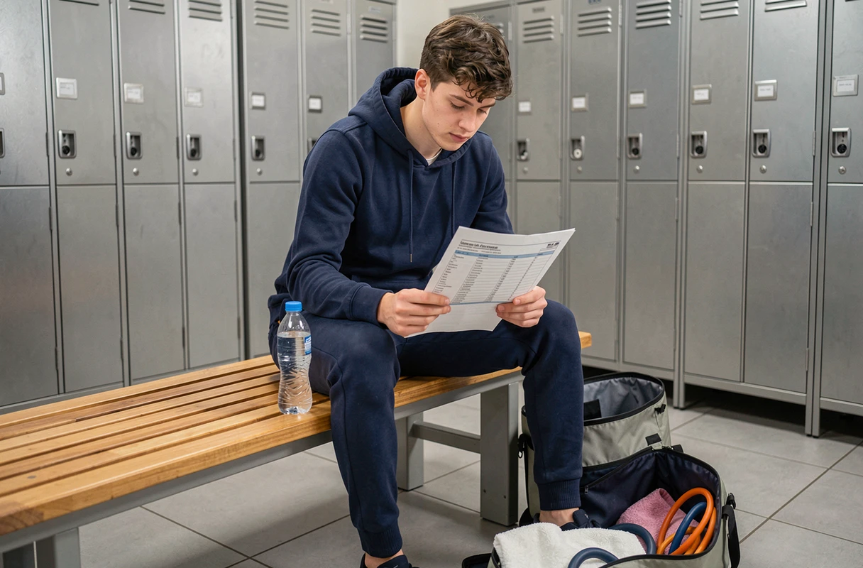 Jeune homme de 17 ans préparant sa première séance de sport avec un programme d'entraînement dans le vestiaire