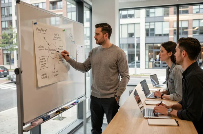 Jeune entrepreneur présentant son projet d'entreprise dans un espace d'incubateur collaboratif