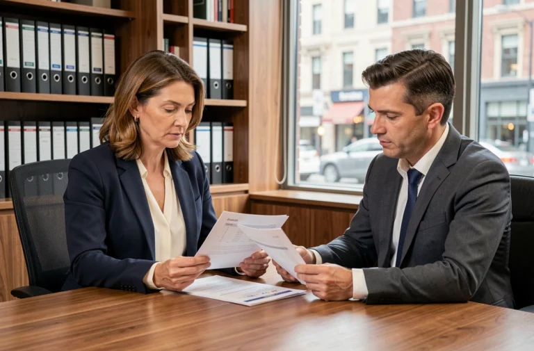 Une femme et un conseiller financier examinent des documents de prêt privé dans un bureau professionnel moderne