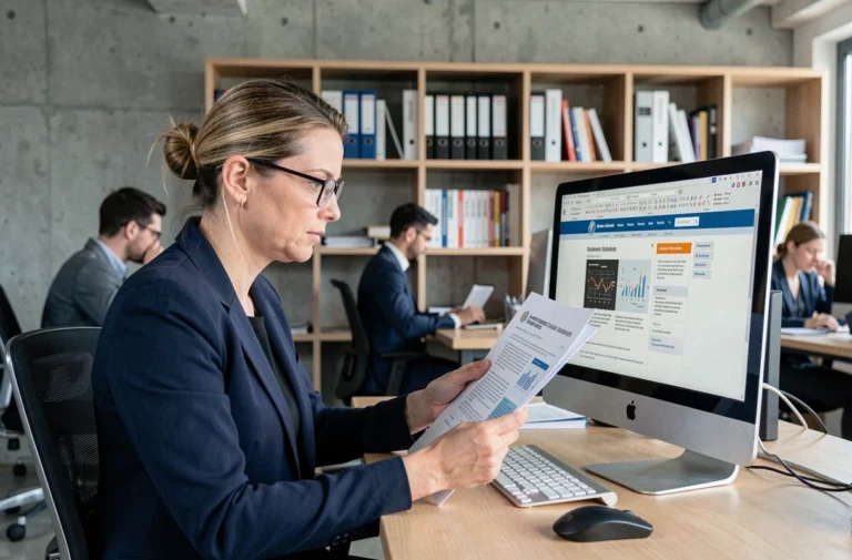 Professionnelle consultant des normes officielles en ligne sur un ordinateur dans un bureau moderne