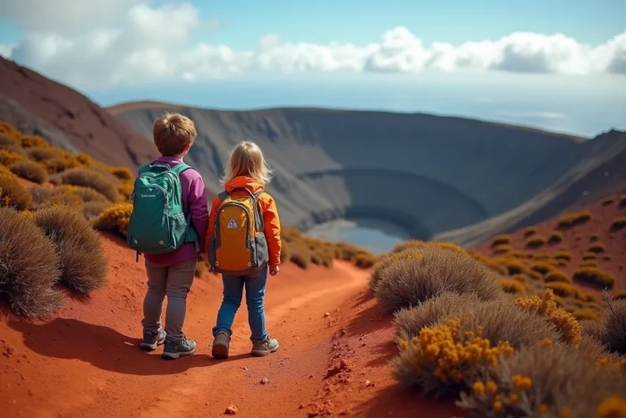 Deux enfants en randonnée sur un sentier volcanique à La Réunion durant les vacances scolaires 2026