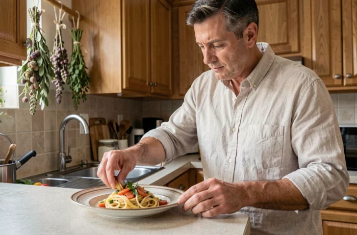 Homme disposant une portion réduite sur une petite assiette comparée à une grande assiette, illustrant le contrôle des portions alimentaires