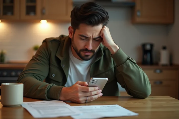 Jeune homme consultant son téléphone après réception d'un refus de demande d'acte de naissance par courrier