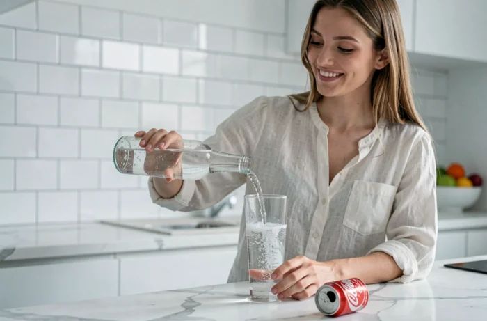 Femme versant de l'eau gazeuse dans un verre avec une canette sucrée mise de côté, illustrant le remplacement des boissons sucrées par de l'eau